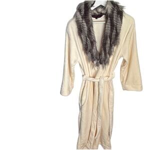 Adrienne Landau Faux Fur Trim Collar Cream Wrap Long Robe W-979 Sz M/L